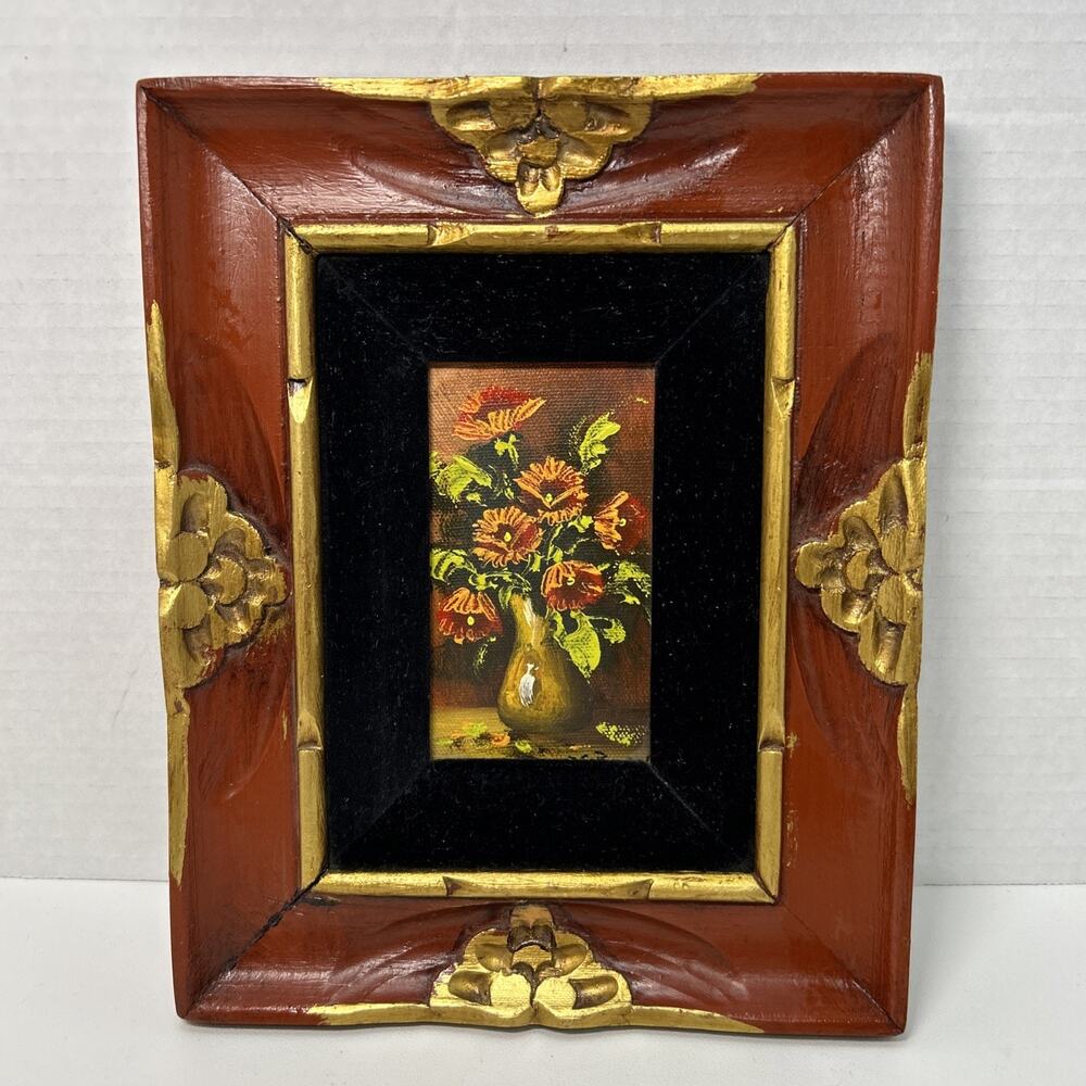 Vtg Miniature Oil Painting Orange Flowers In A Vase Framed Cute Cottage Rustic